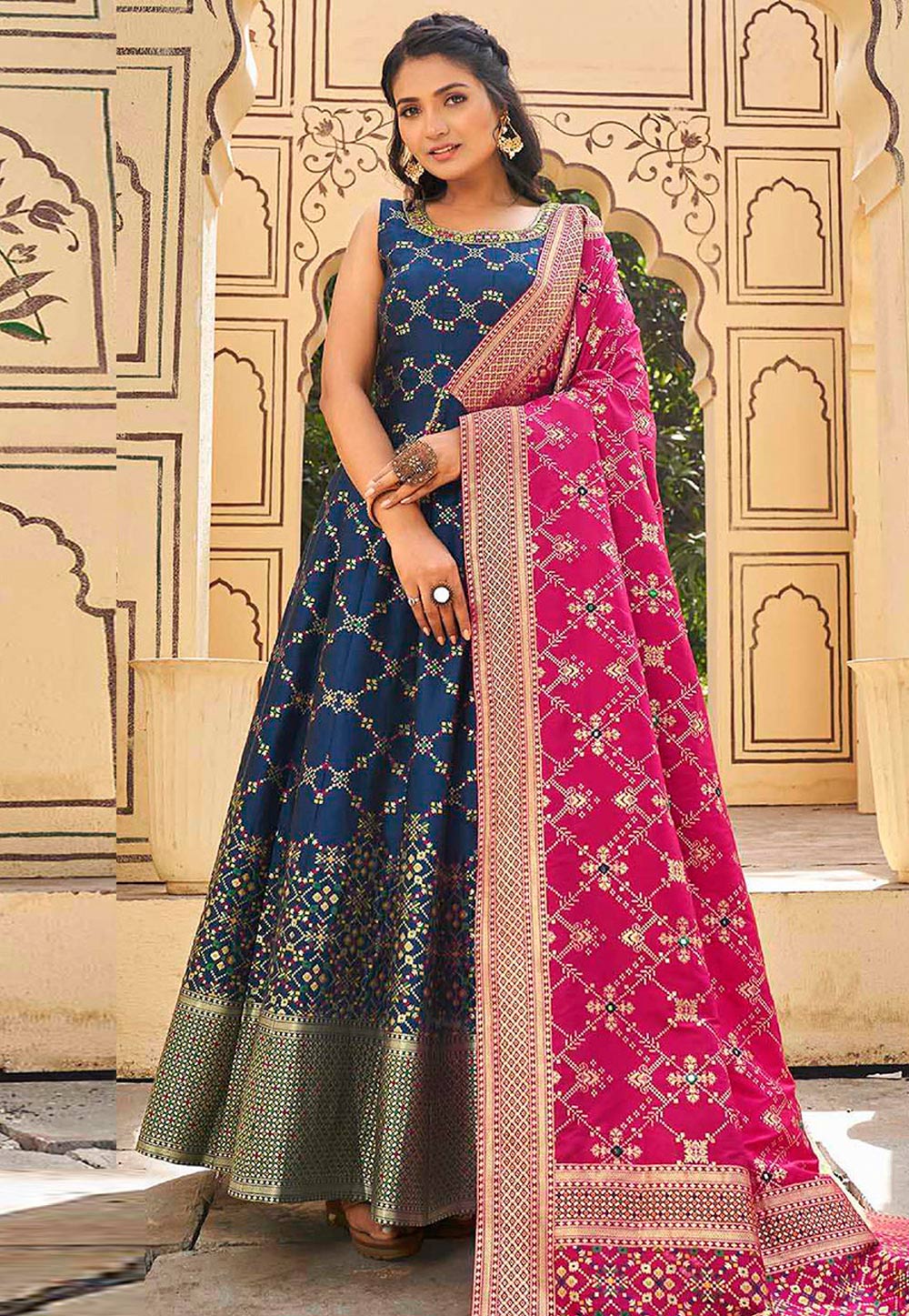 Buy Women's Upada Silk Anarkali Gown With Banarsi Dupatta online at Trendia