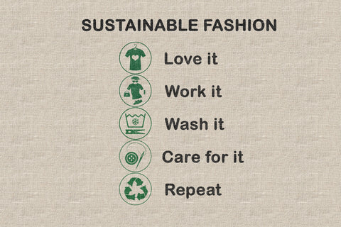 sustainability message printed on linen which reads love it, work it, wash it, care for it, repeat