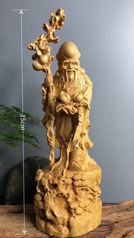 木彫 寿老人像 天然木 置物 七福神 福禄寿 天然木台座 セット - 兵庫県 