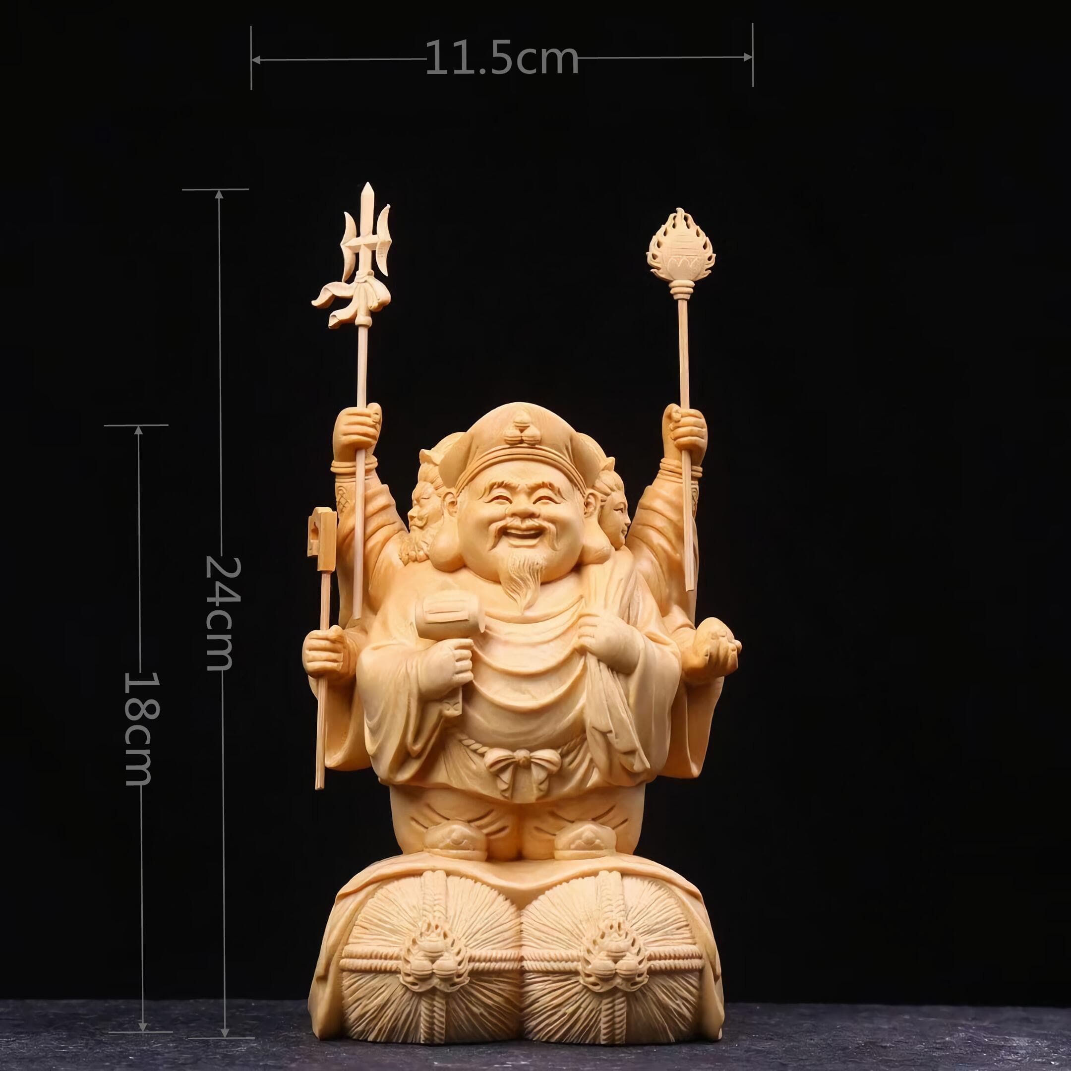 仏教工芸品 檜材 木彫仏教 精密彫刻 三面大黒天像 P-