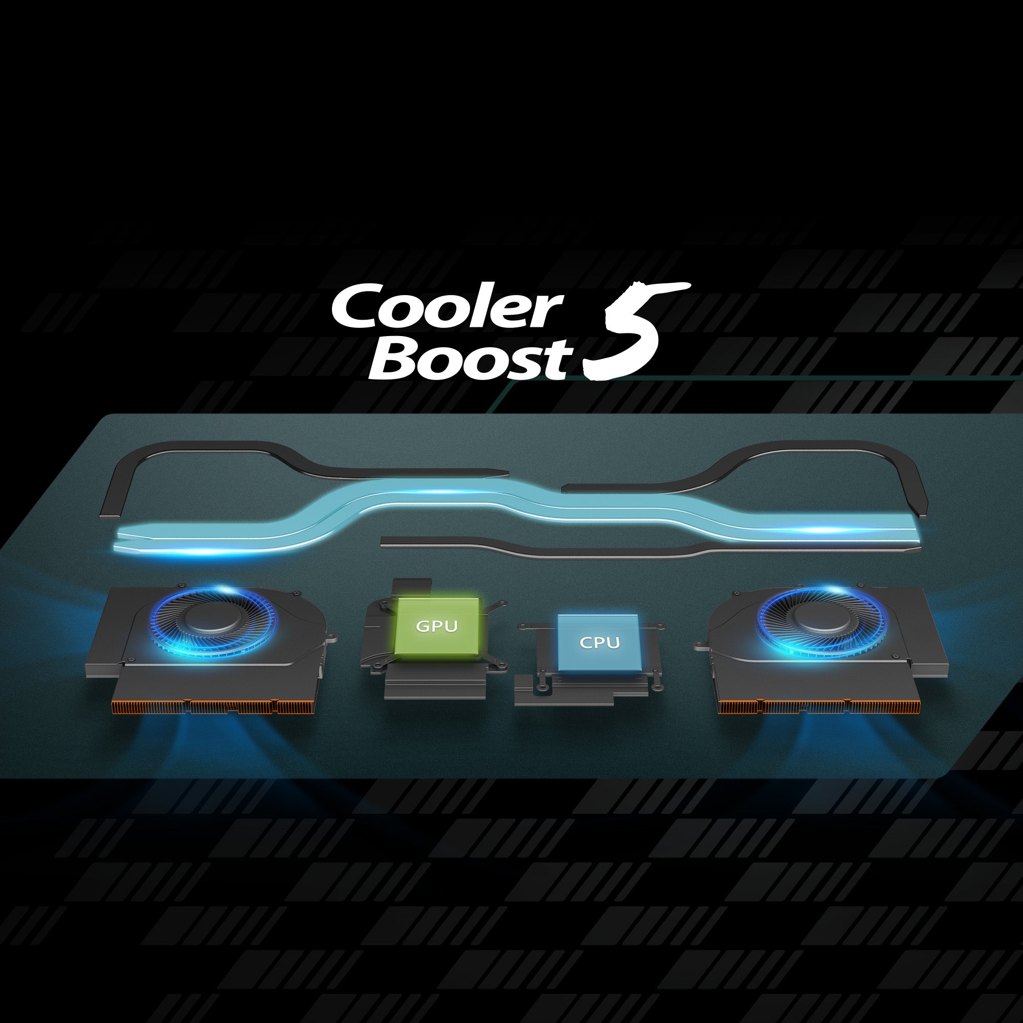 採用全新設計的 Cooler Boost 5散熱模組，包含兩組風扇與五根散熱導管，其中兩根散熱導管同時通過CPU和GPU