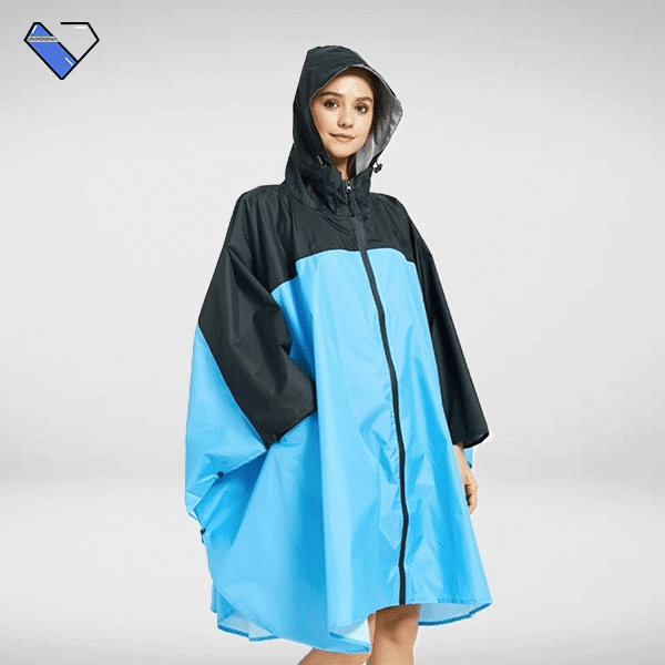 blue zip up rain poncho