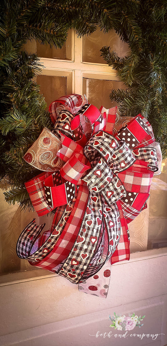 Farmhouse Valentines Wreaths for Front Door, Valentines Day Gift, Lambs Ear  Wreath, Red and White Buffalo Plaid Check Wreath 