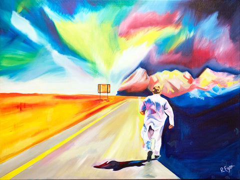 oil painting man on road with sunset