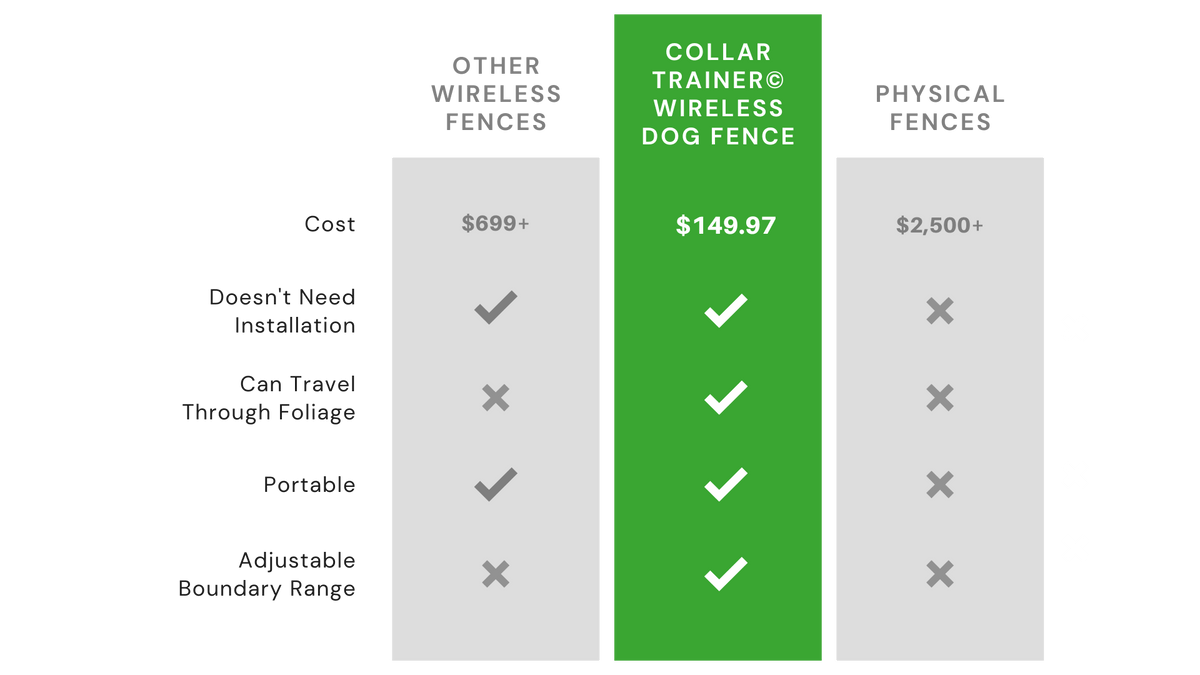 Chart showing Collar Trainer wireless dog fence benefits