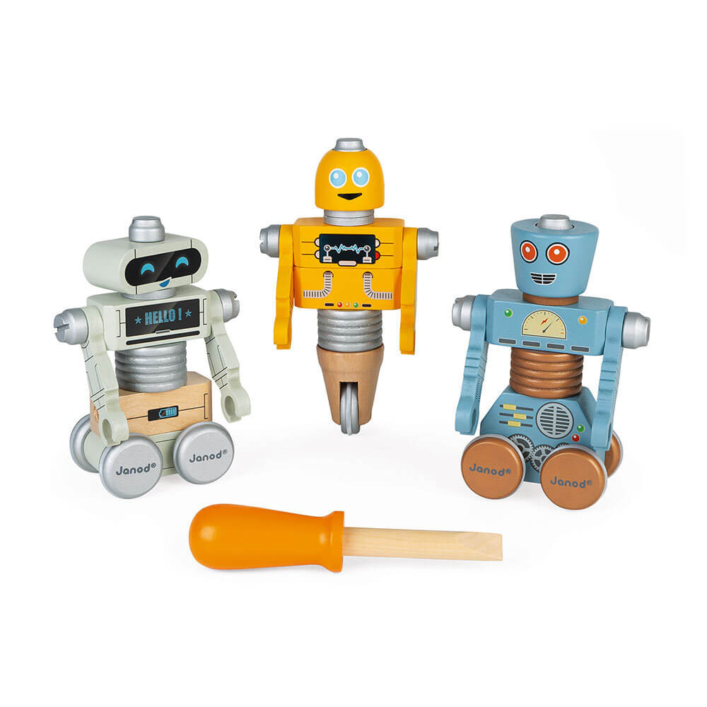 Janod - drewniane roboty do składania ze śrubokrętem Brico'kids
