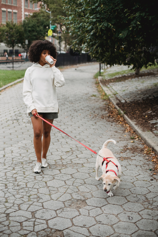 Black woman drinking coffee while walking dog