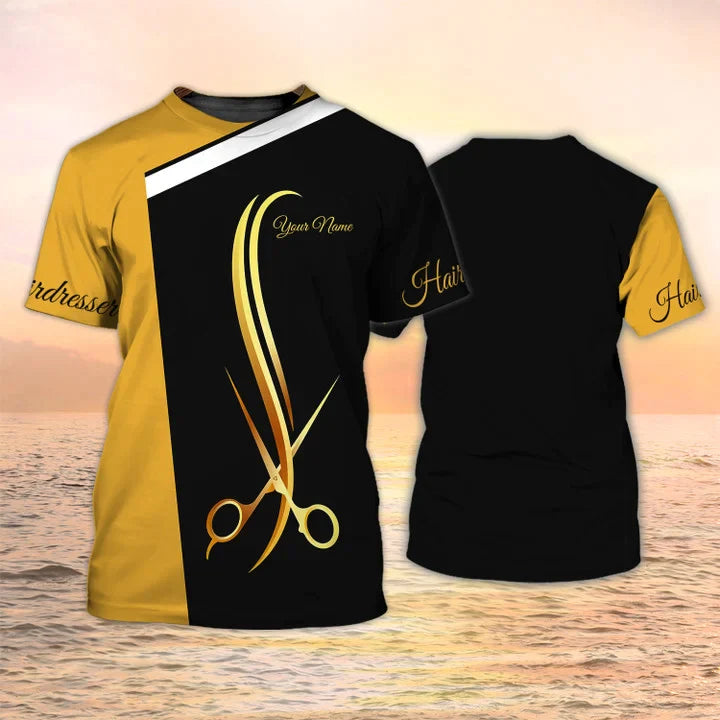 Custom Hair Salon Uniform Shirt Hairstylist 3d Tshirt Black Gold Ha