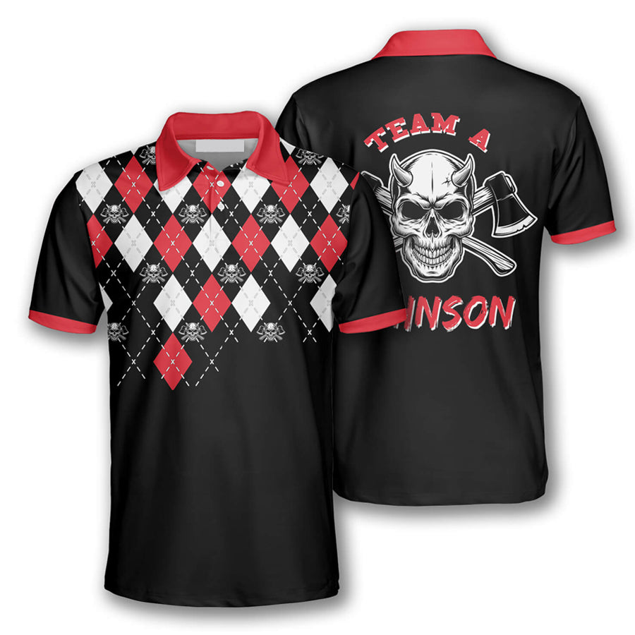 Axe Throwing Skull Red Argyle Pattern polo shirt, Viking Axe Shirt, Ax