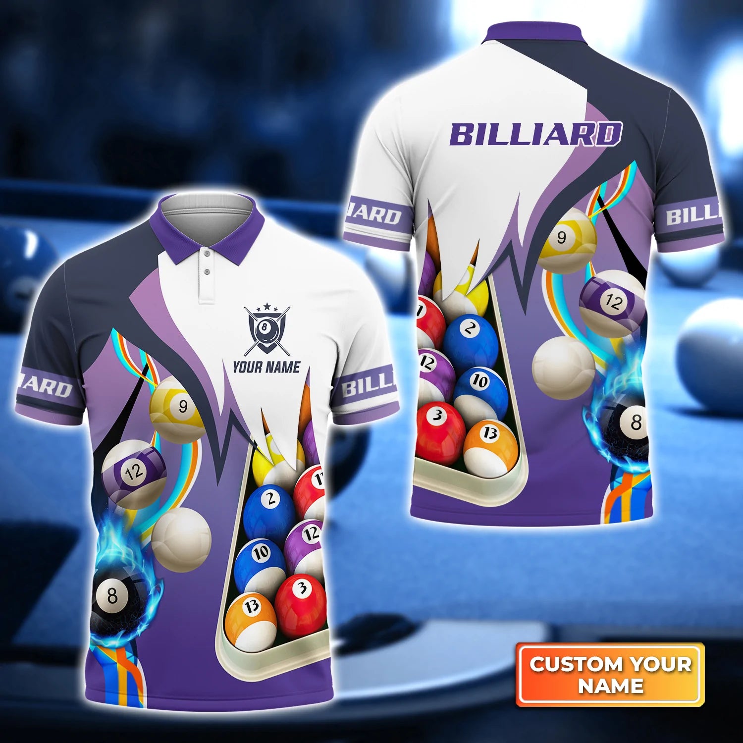 Billiard Purple Personalized Name 3D Polo Shirt, Billiard 3D shirt, Gi