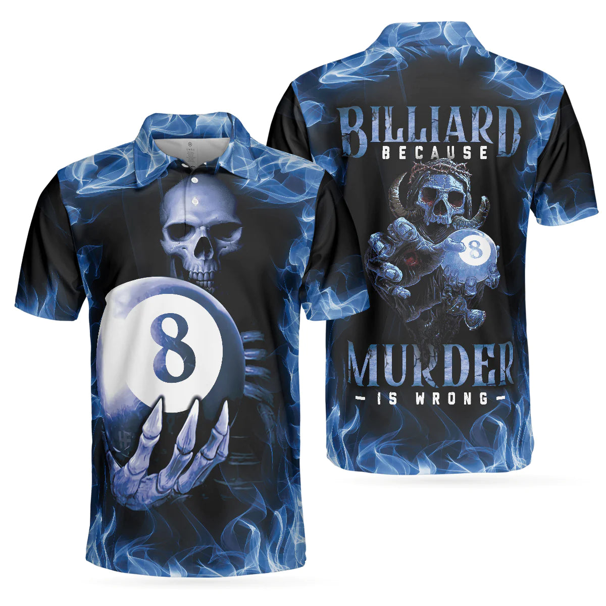 Billiards Murder Polo Shirt, Blue Flame Billiards Shirt Design, Skull