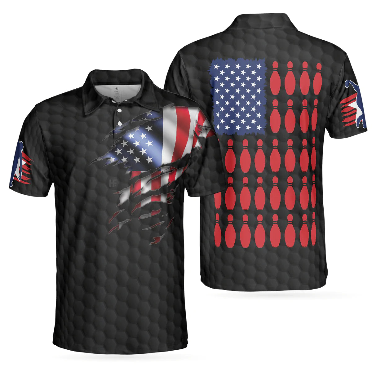Black American Flag Bowling Polo Shirt, Cool USA Flag Bowling Shirt Fo
