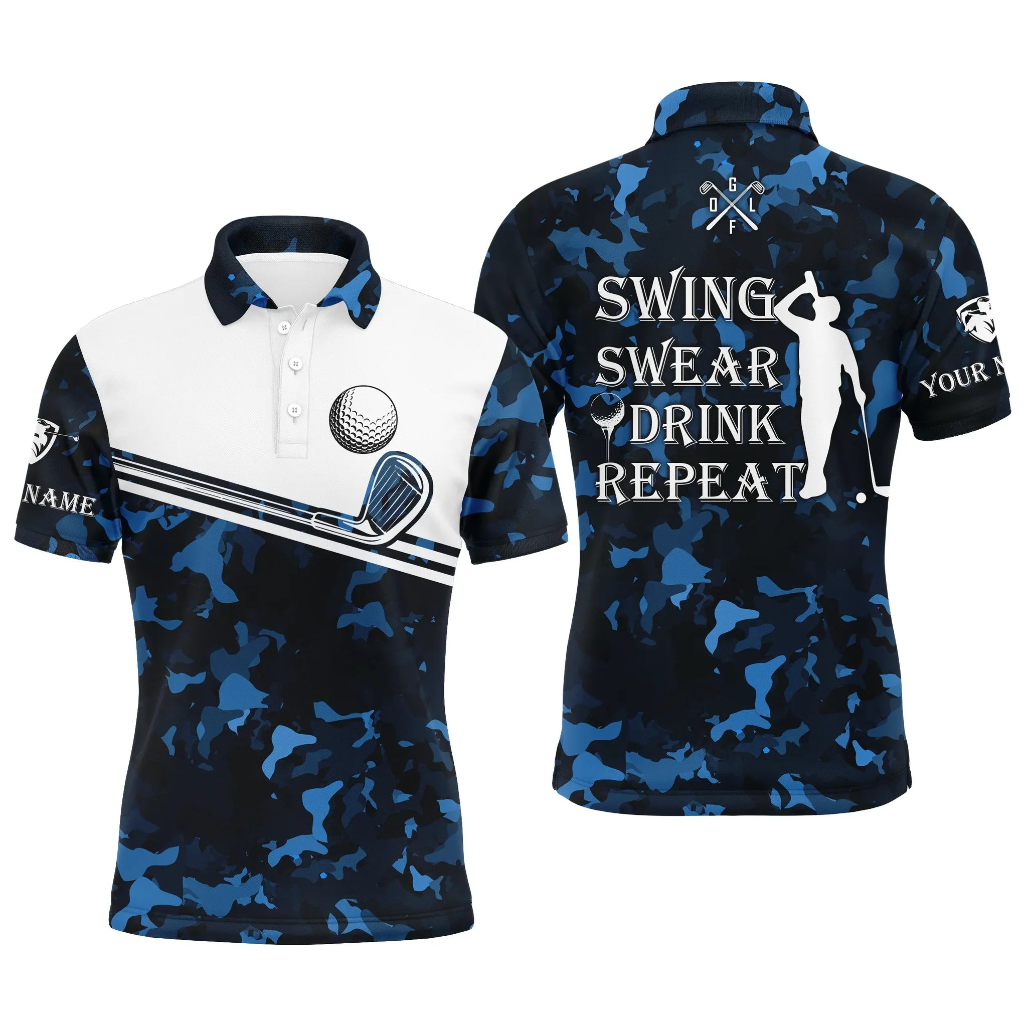 Mens golf polo shirt, swing swear drink repeat custom name navy blue c