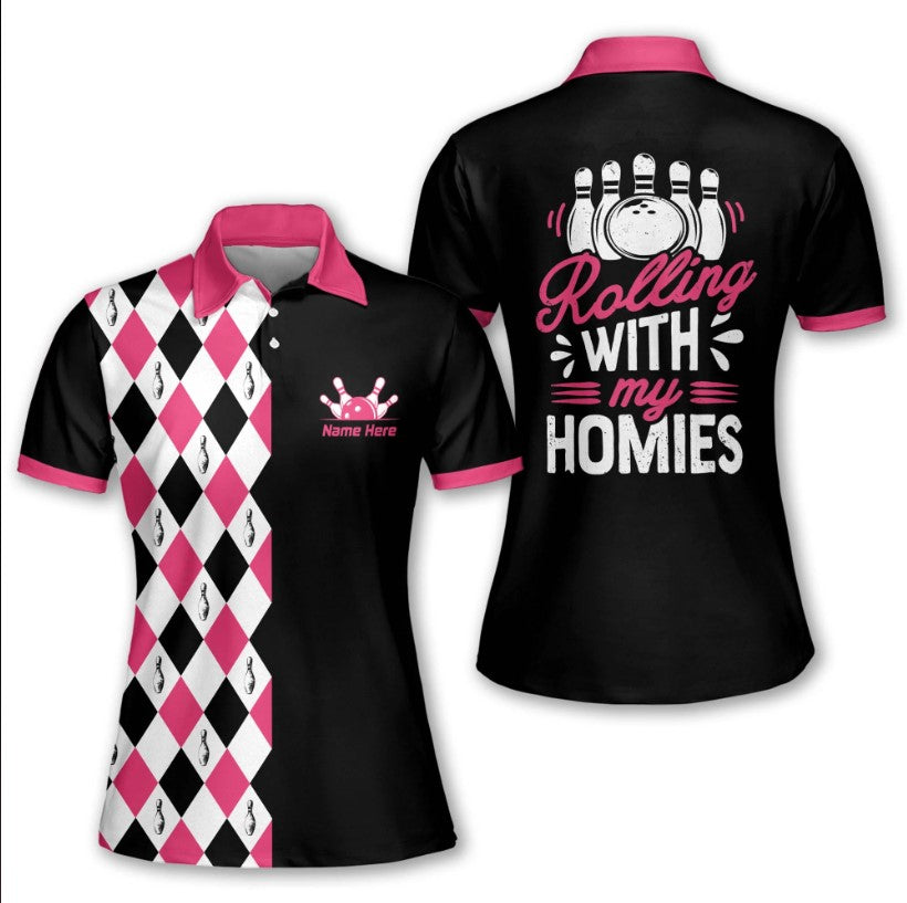 Rolling with My Homies Bowling Shirts for Women Retro, bowling polo sh