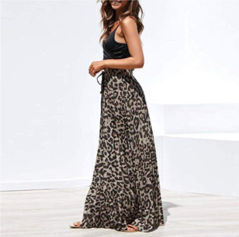 Pleuche Leopard Printed Wide Swing A-Line Long Wholesale Skirts Casual