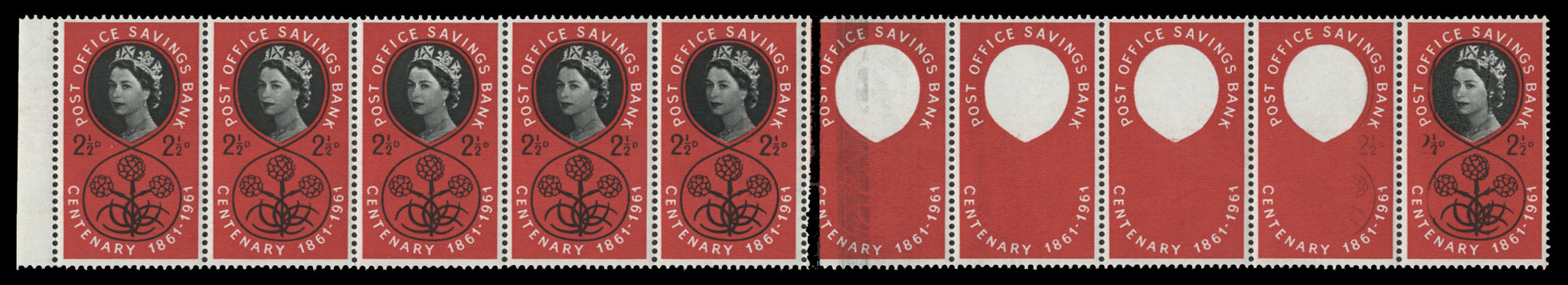 Great Britain 1961 2½d Centenary of Post Office Savings Bank strip missing black