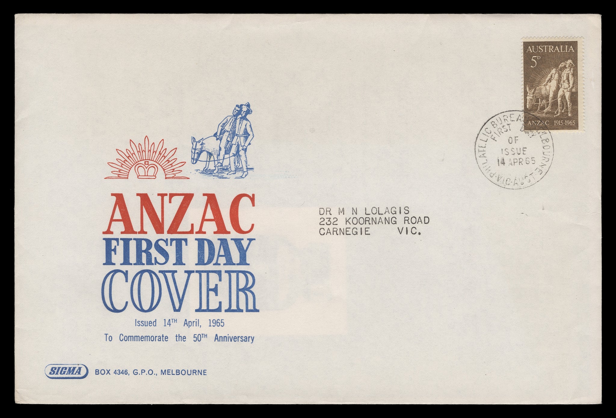 Sigma's Anzac first day cover of 14 April 1965