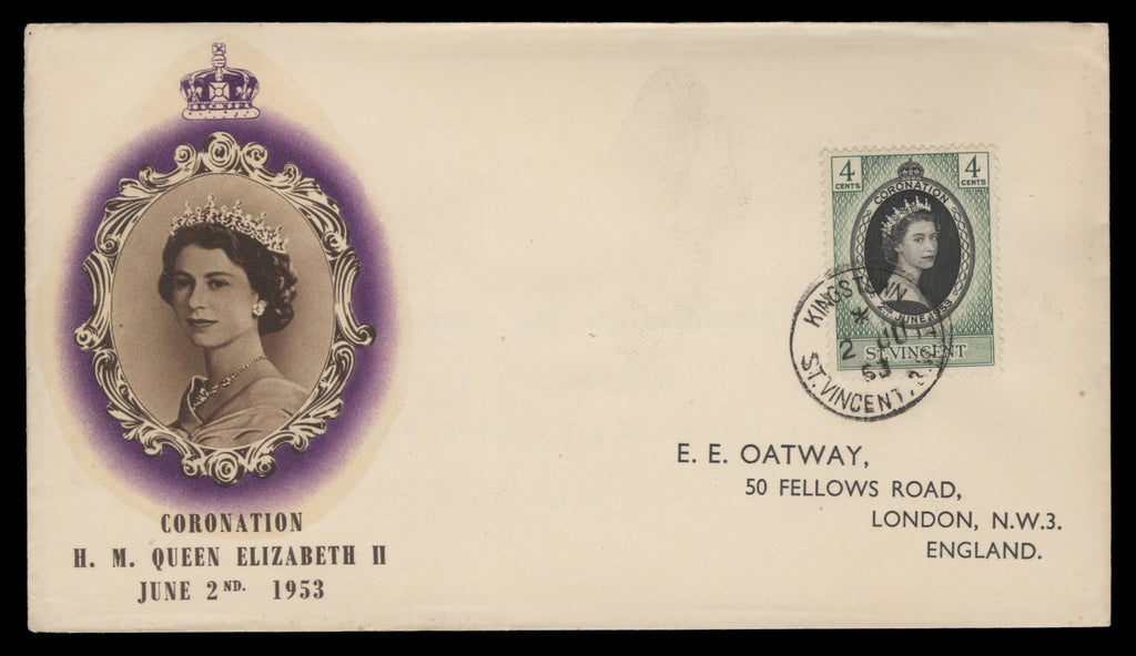 St Vincent 1953 Coronation type 1b BPA/PTS cover missing gold. The only example recorded to date