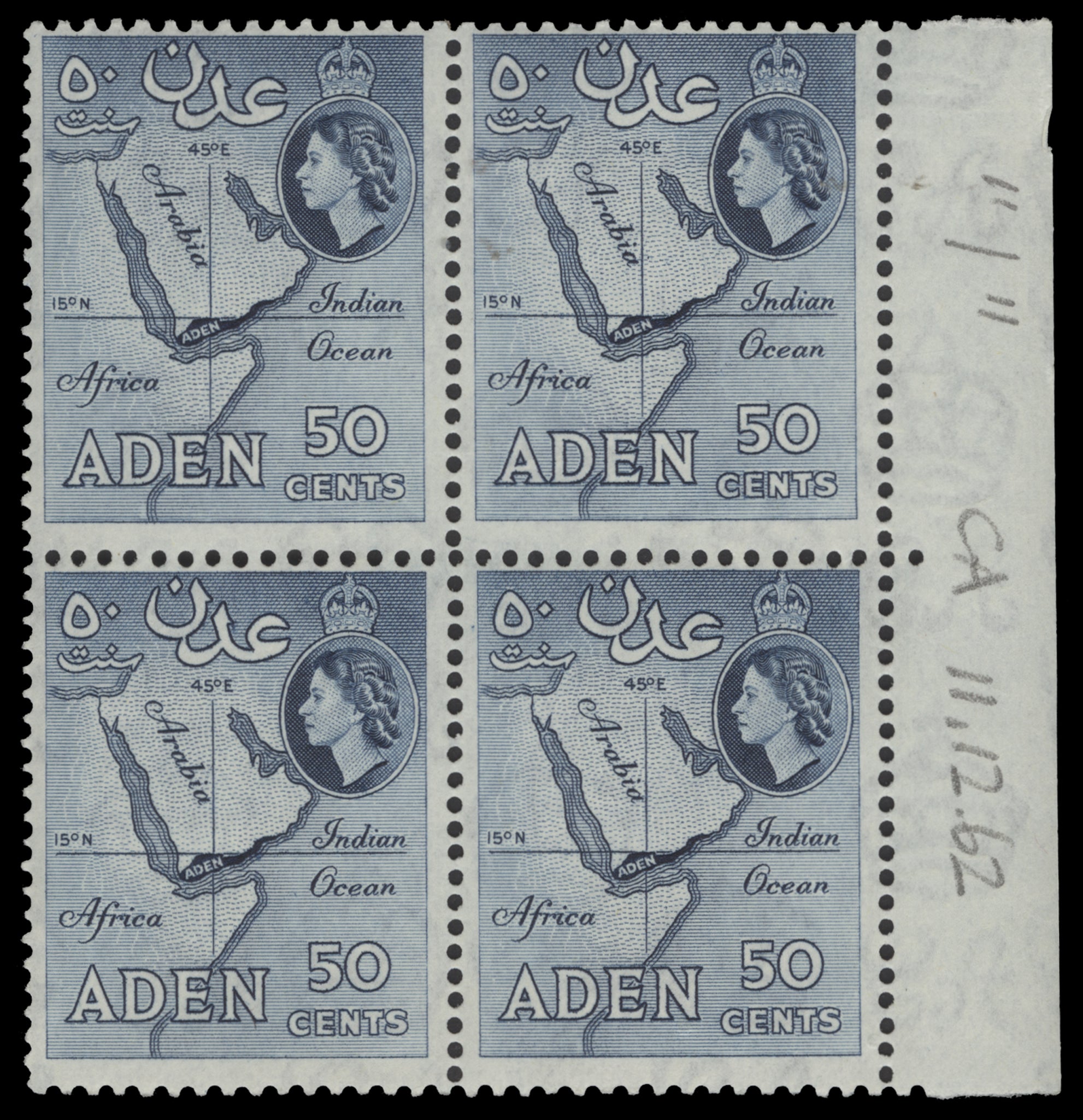 50c Map block reprinted by De La Rue in unlisted deep greyish blue shade