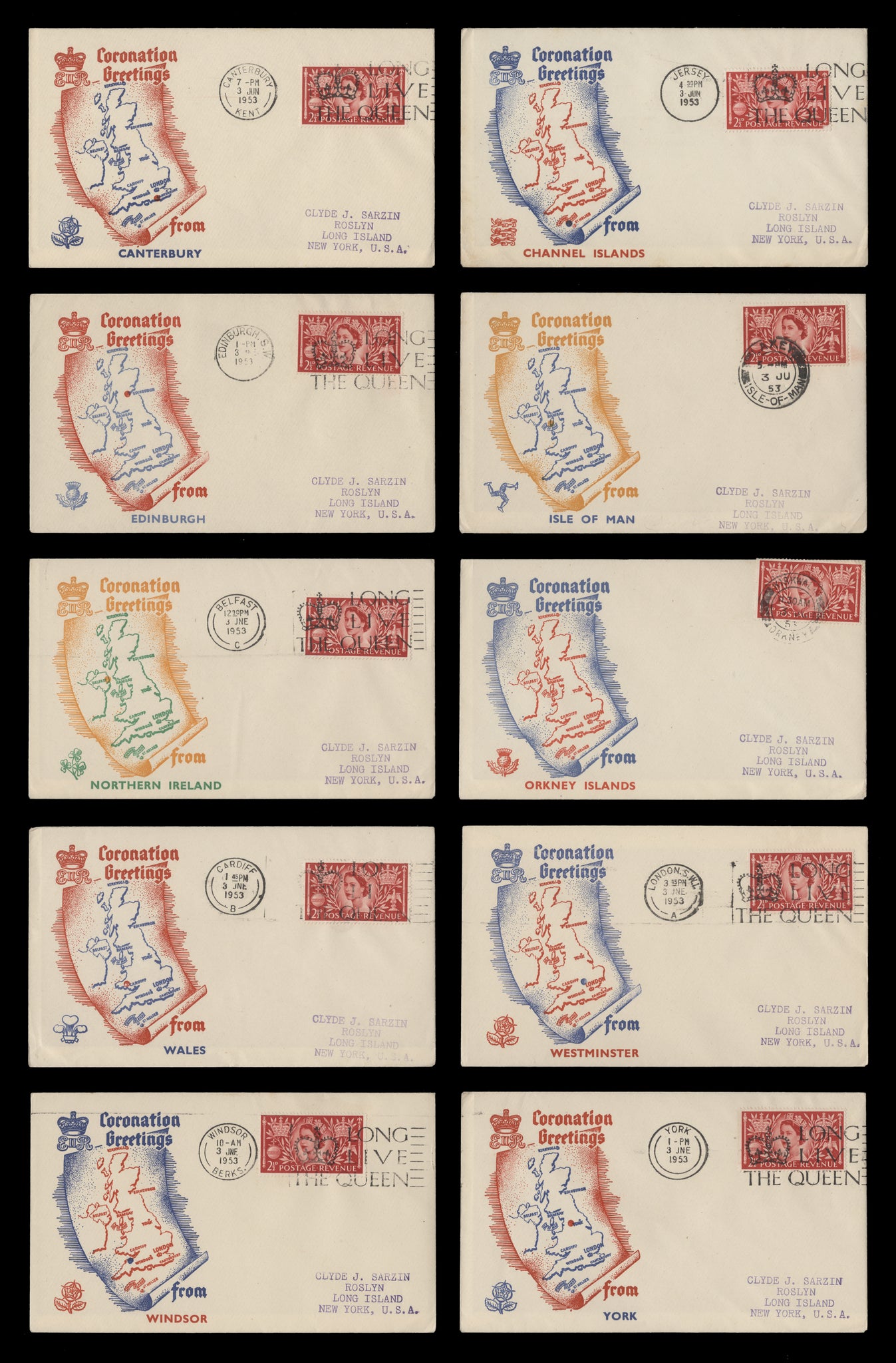 1953 Coronation set of ten map covers by Hodson/Stocki