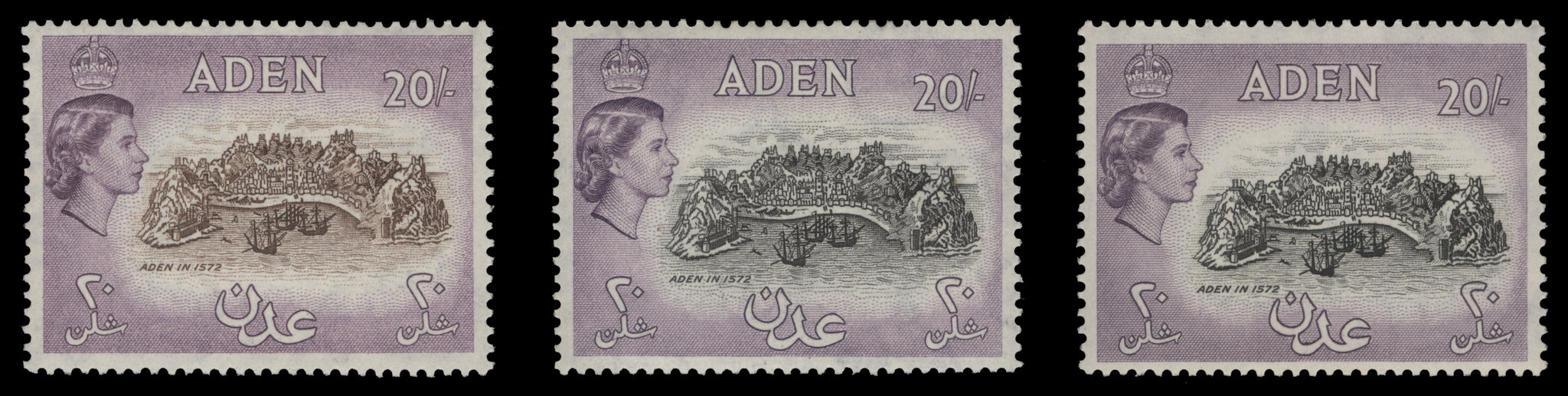 20s Aden in 1572 singles in chocolate and reddish lilac, black and deep lilac, and deep black and deep lilac respectively