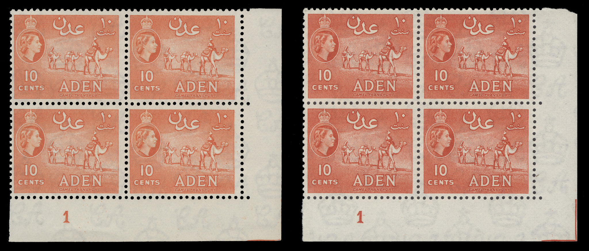 10c Camel transport plate 1 blocks in orange and vermillion respectively