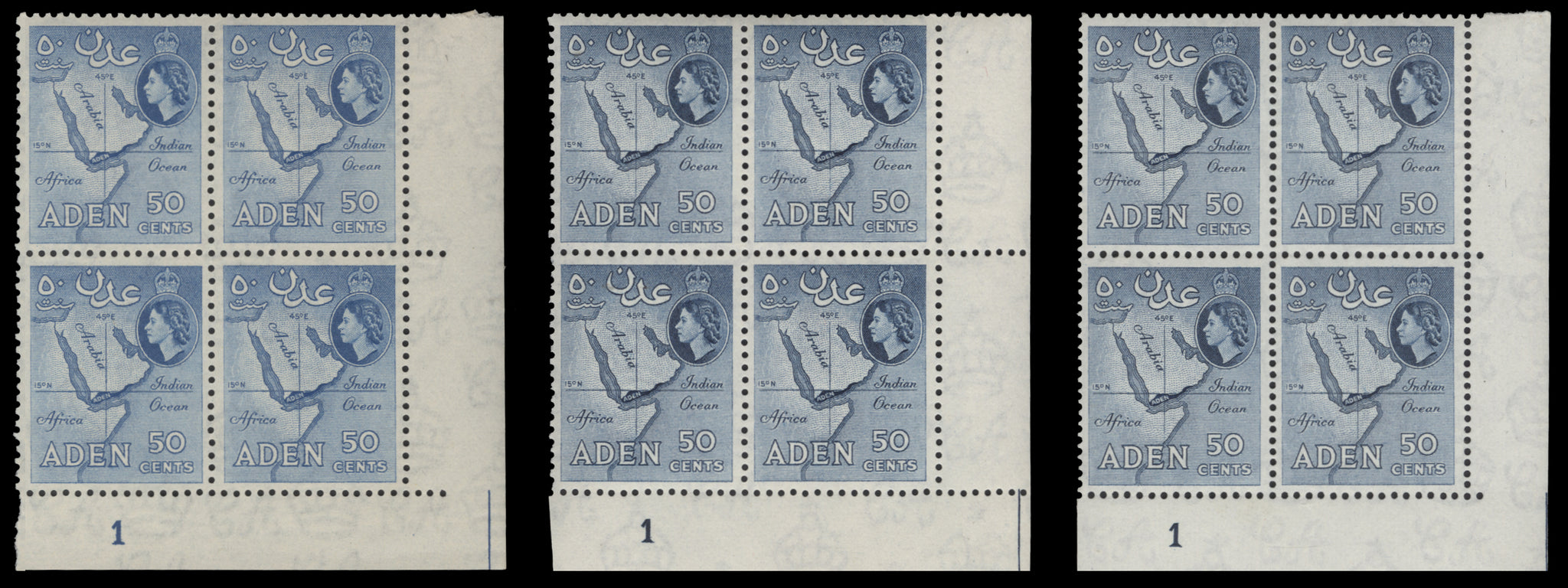 50c Map plate 1 blocks printed by Waterlow in dull blue and deep blue. The first two perforated 12 x 12 and the rightmost 12 x 13½