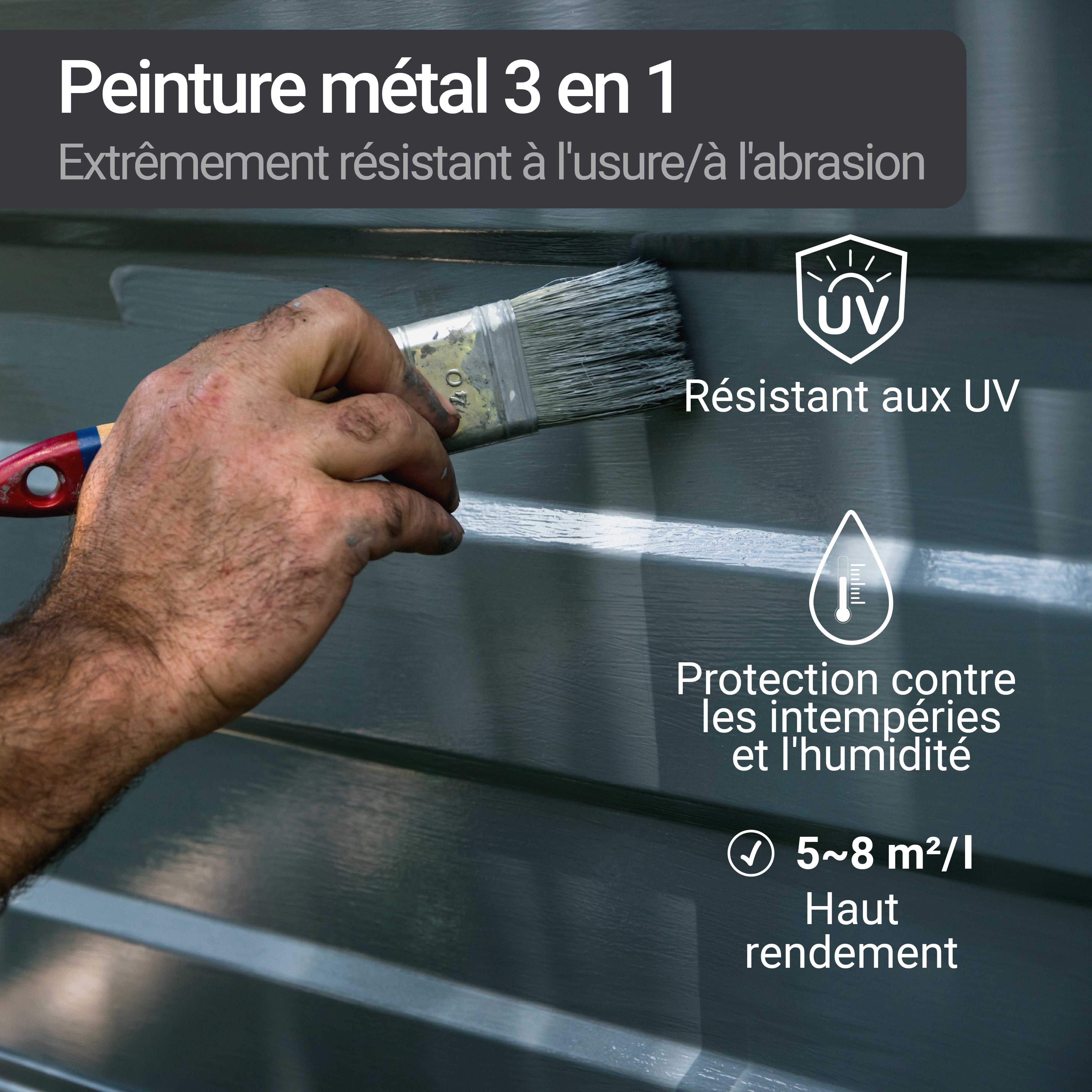 Peinture métal 3 en 1 - Anti corrosion fer, acier - Haute protection  extérieur W908 1-5L