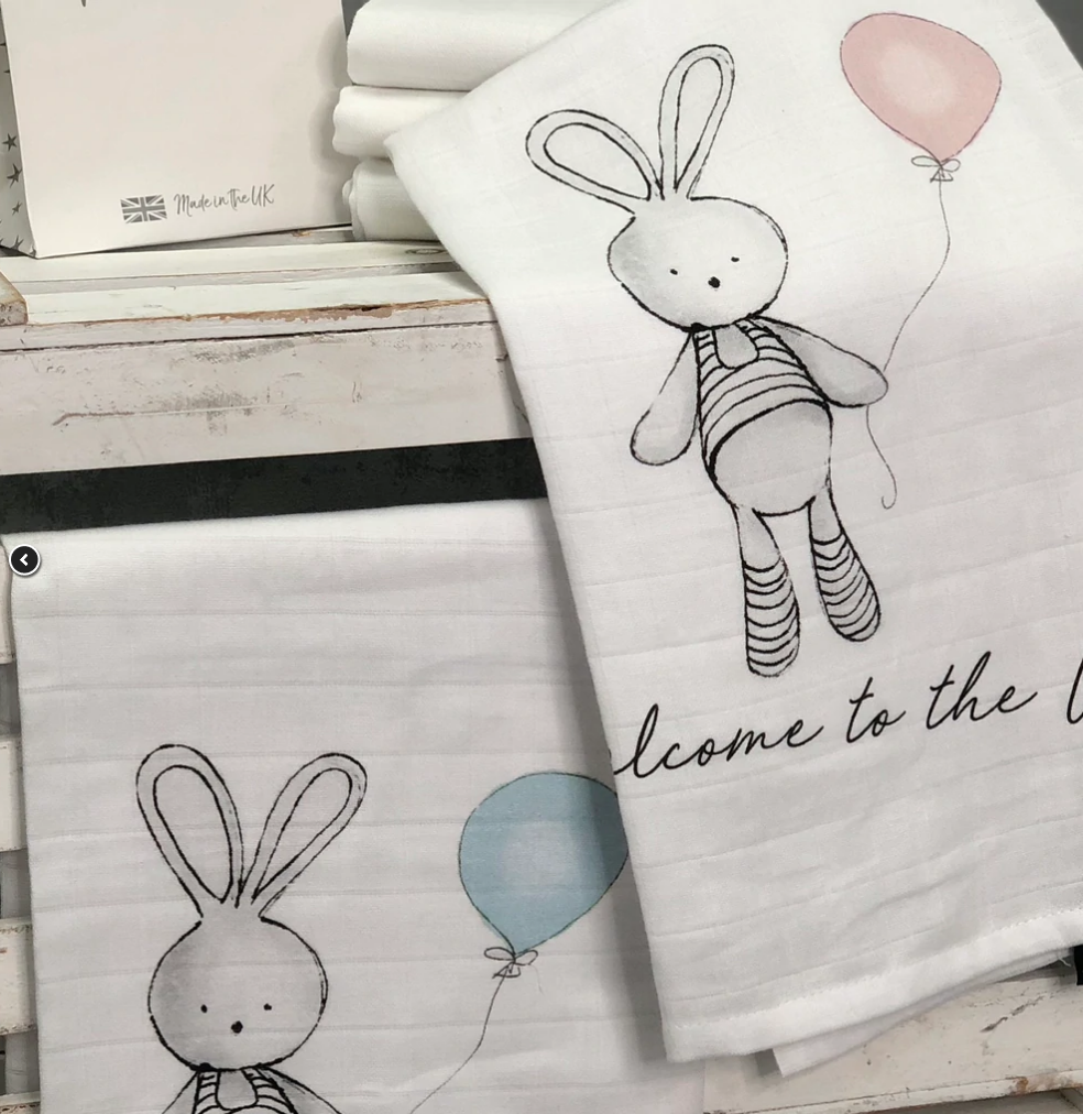 Welcome Balloon Bunny 100% Cotton Muslin Square