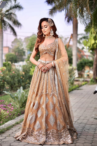 Gold Net Embroidered Sequin Sweetheart Neck Lehenga Set For Women