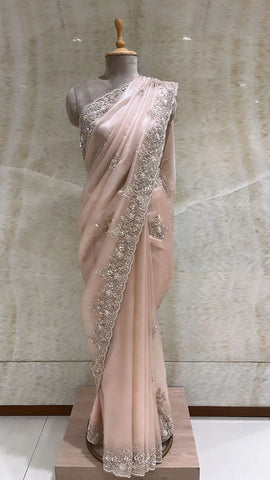 Blush Floral Embroidered Organza Saree