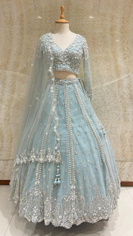 Sky Blue Mirror Work Net Readymade Lehenga