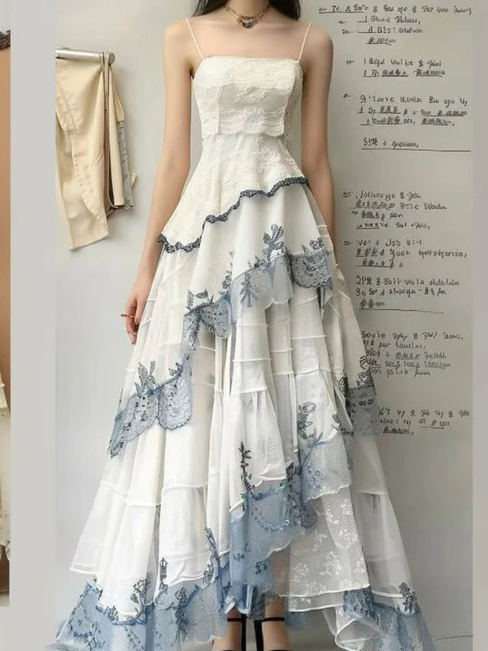 White Spaghetti Straps A-Line Lace Layers Formal Long Party Dresses, D1182