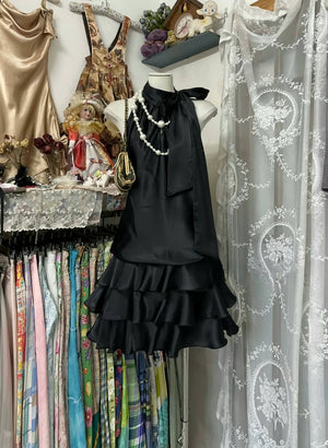 Black A-Line Halter Layered Homecoming Dresses Satin Short Party Dresses, D1300 - ModelDressy