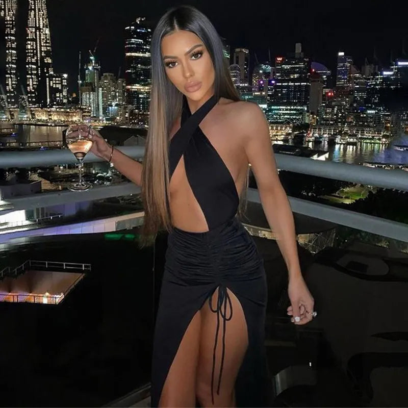 Halter Drawstring Sexy Bodycon Bandage Dress Women Summer Dress Split Hollow Out Backless Long Maxi Dresses