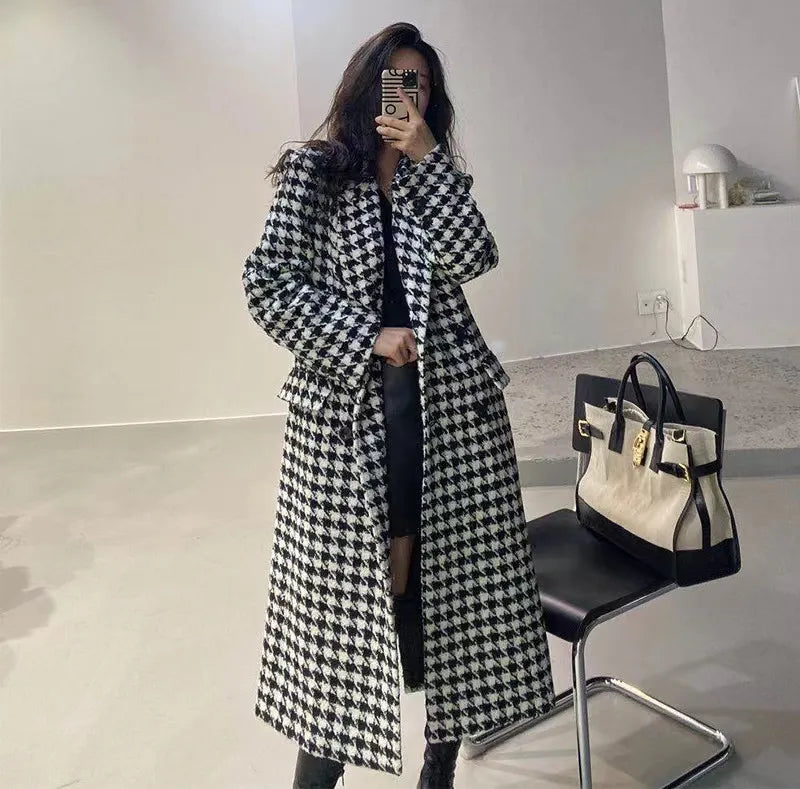 Fashion Houndstooth Faux Wool Jacket Women Autumn Korean Elegant Single Breasted Long Overcoat Winter Thick Warm Blend Outwear