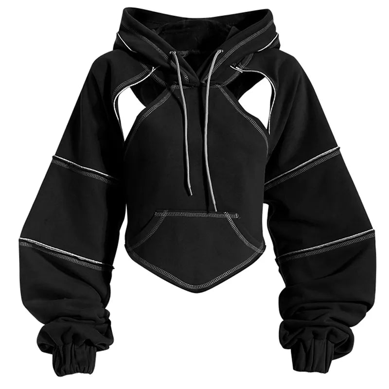 Crop Hip Hop Hoodies Women Pullover Spring Autumn Cutout Backless Bandage Short Hooded Sweatshirt Tracksuit