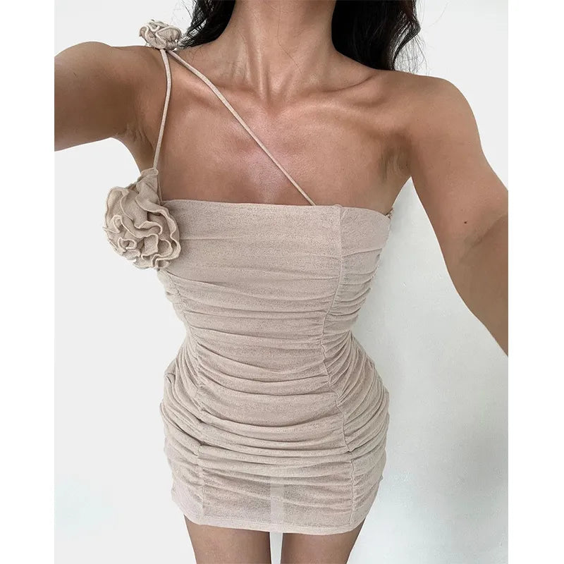 Elegant Pretty Pleated Backless Dress Sexy Flower Applique Spaghetti Straps Dresses Evening Party Women's Dresses