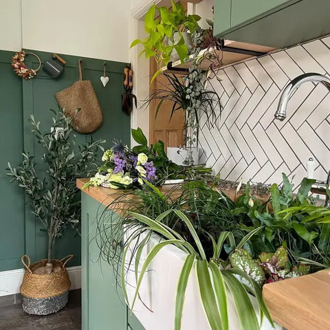 Peinture COAT verte et blanche sur les murs d'une cuisine habillée de verdure.