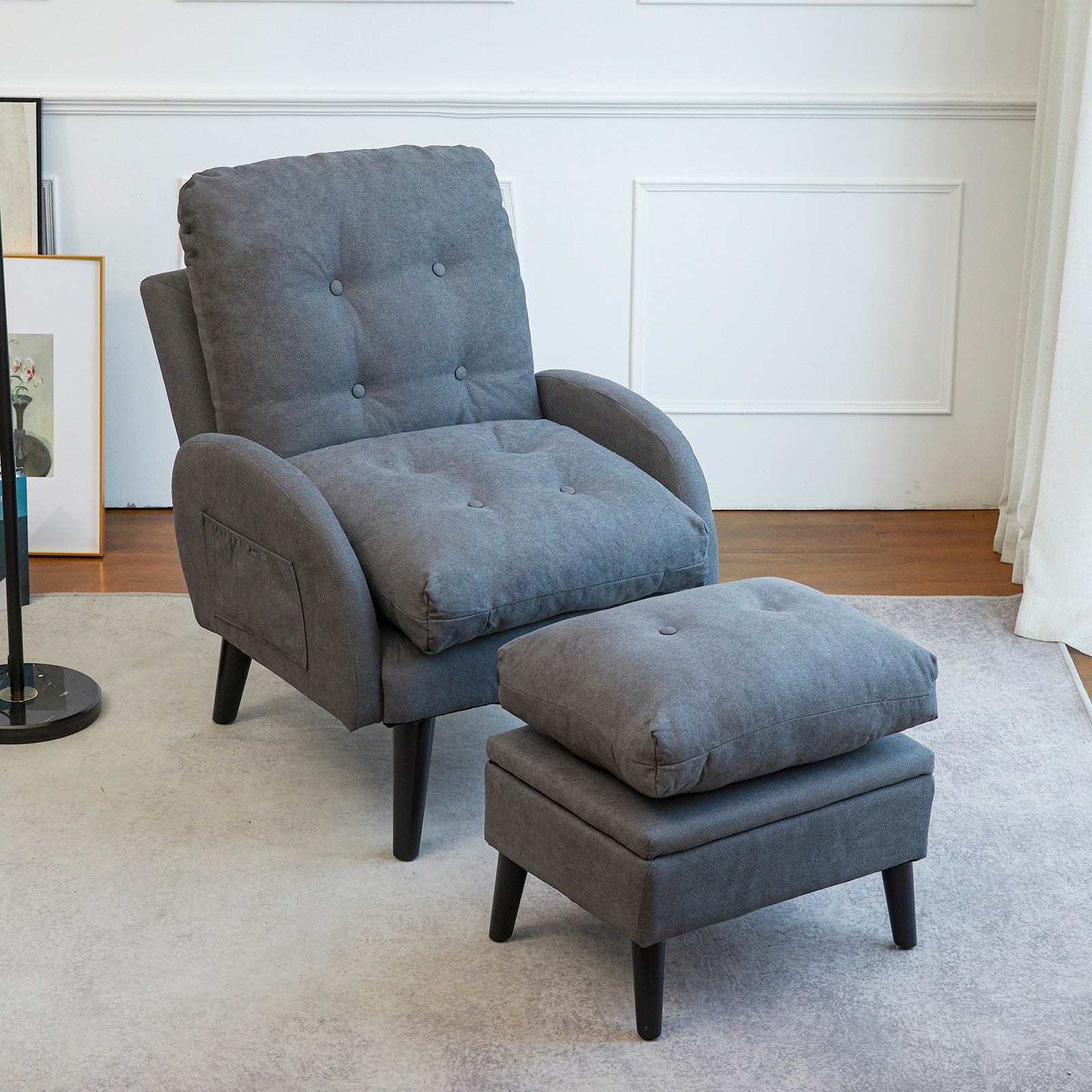 Enhance Your Living Room with our Adjustable Accent Chair with Footrest Storage, Side Pocket, and Reclining Backrest: The Perfect Lounge Chair for Stylish and Organized Living!