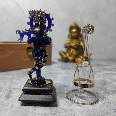 #Pooja Box Blue Krishna Crystal Glass god Idol with White Crystal Bell for Home Decoration, Fitted on The car Dashboard