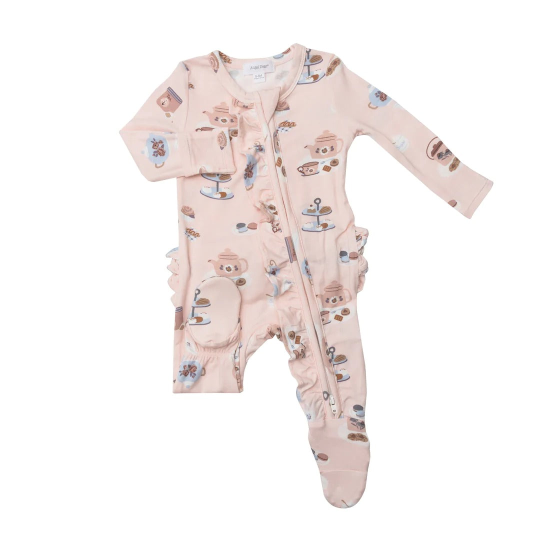 Bamboo Ruffle Back Zipper Footie - Tea Party