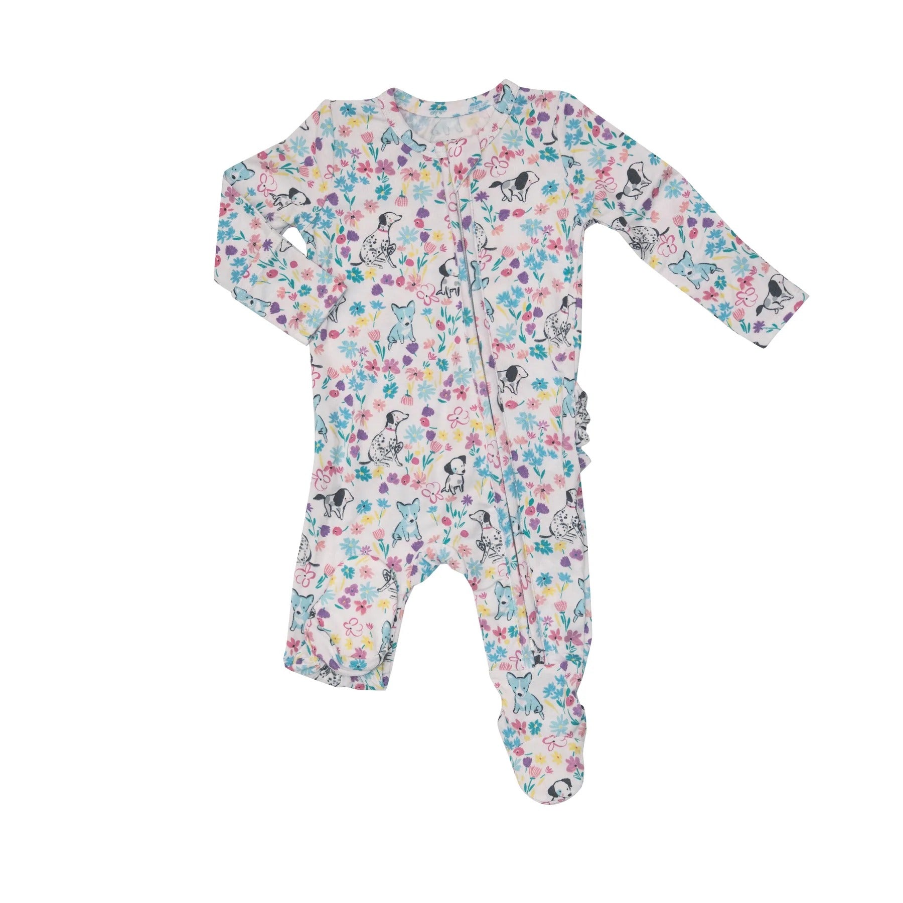 Bamboo Zipper Ruffle Footie - Dog & Floral