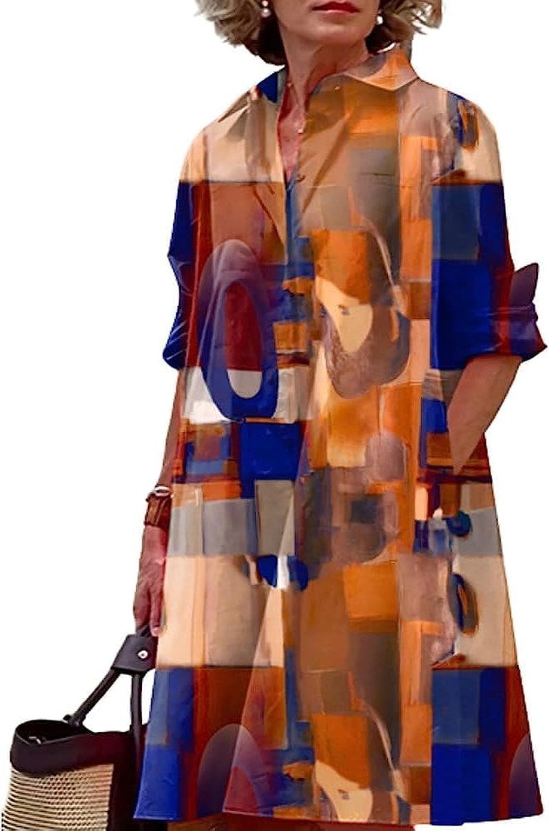 Linen Button Down Shirt Dress: Plus Size, Midi Length, Printed, with Pockets - Image 25