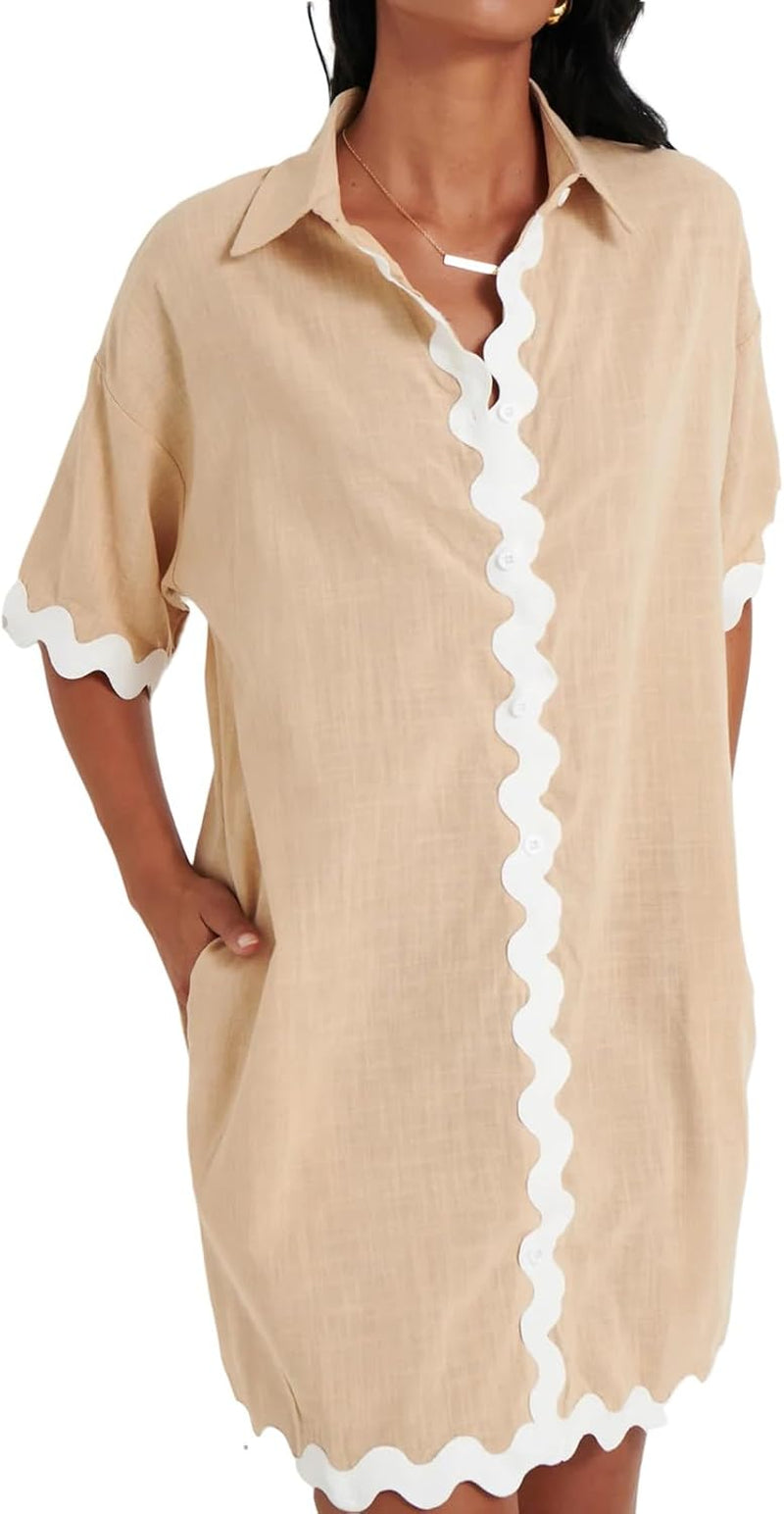 Chic Summer Shirt Dress: Trendy RIC Rac Trim, Short Sleeve, Loose Fit, Turn-Down Collar