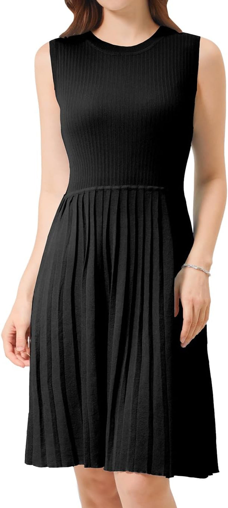 Summer Mini Swing Dress - Sleeveless Crewneck Knit Pleated A-Line Style - Image 7