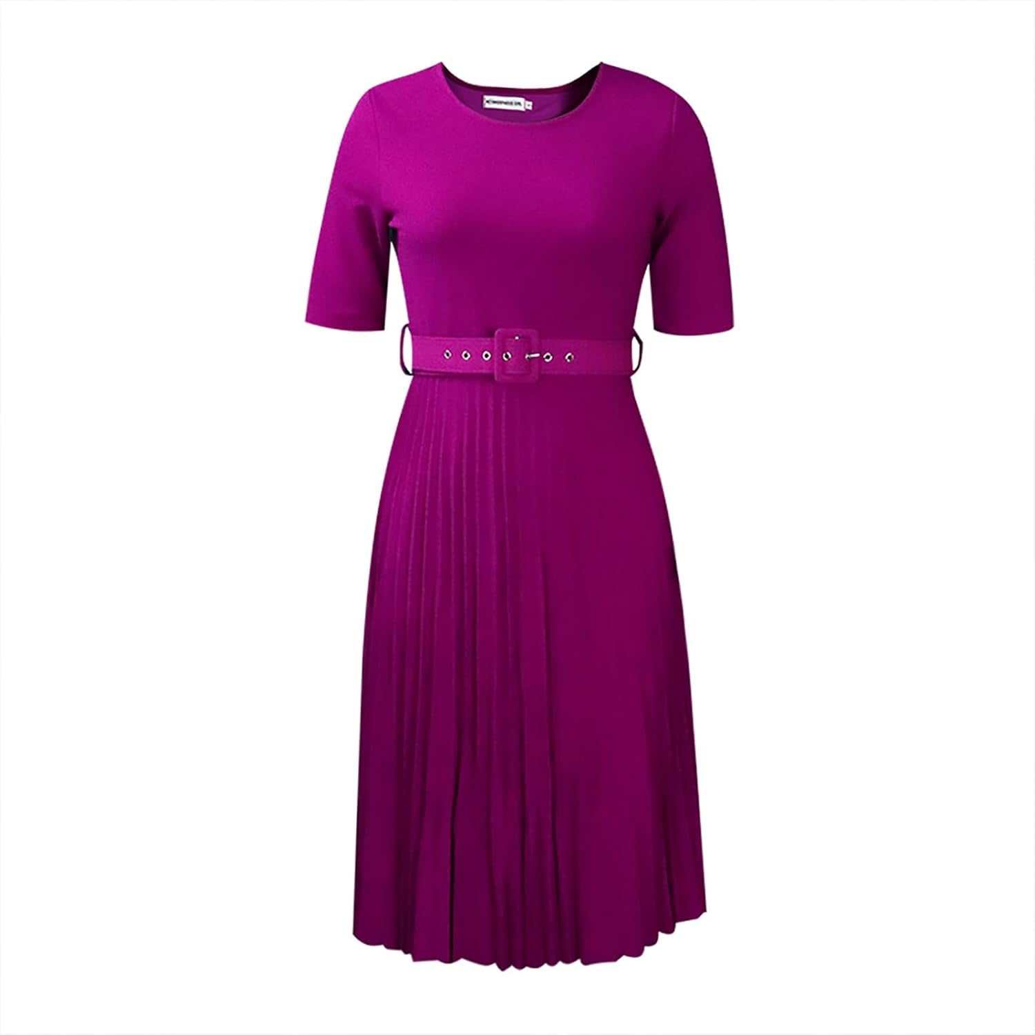 Chic Pleated Belted Midi Dress - Short Sleeve Crewneck Style - Image 10