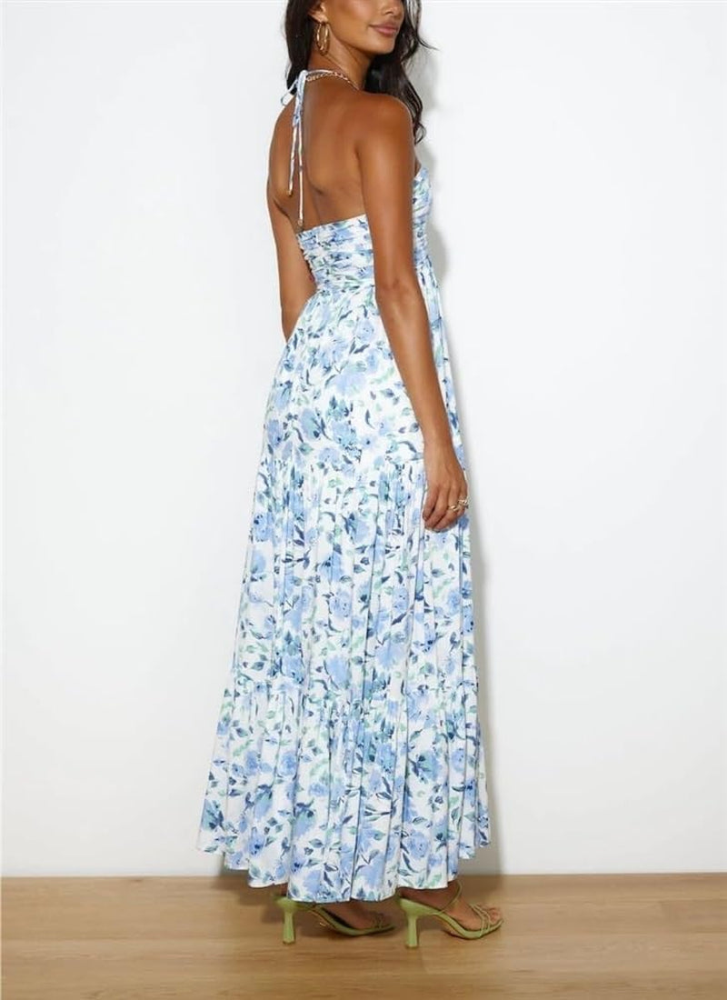 Women Sexy Deep V Neck Spaghetti Straps Chiffon Flowy Backless Beach Party Bohemian Halter Tie Back Maxi Dress - Image 6