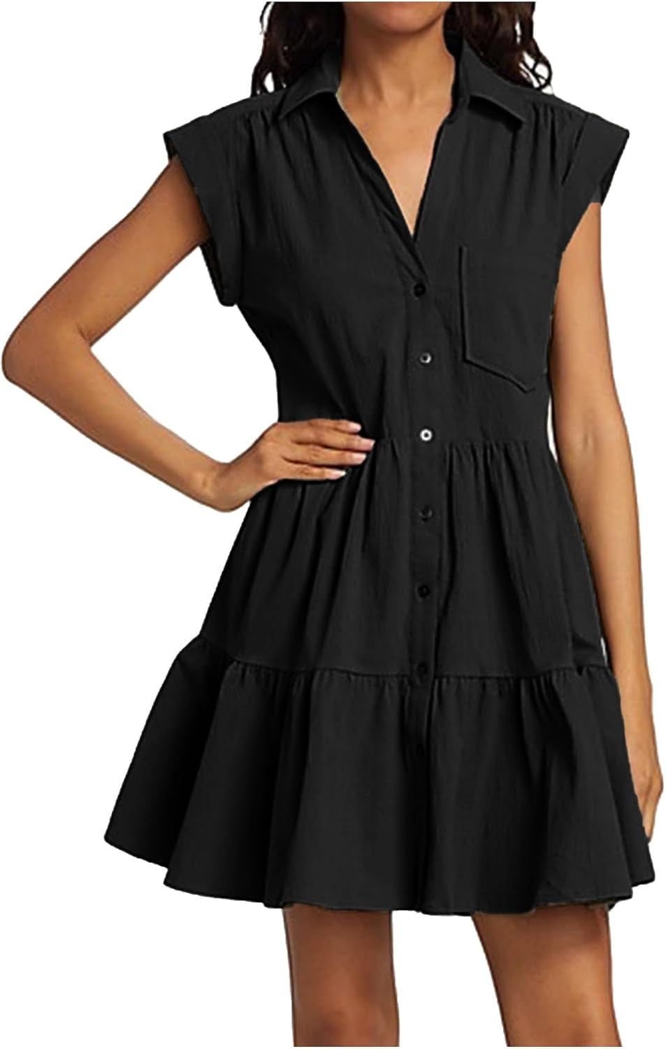Summer Mini Button-Down Shirt Dress with Rolled Cap Sleeves and V-Neck