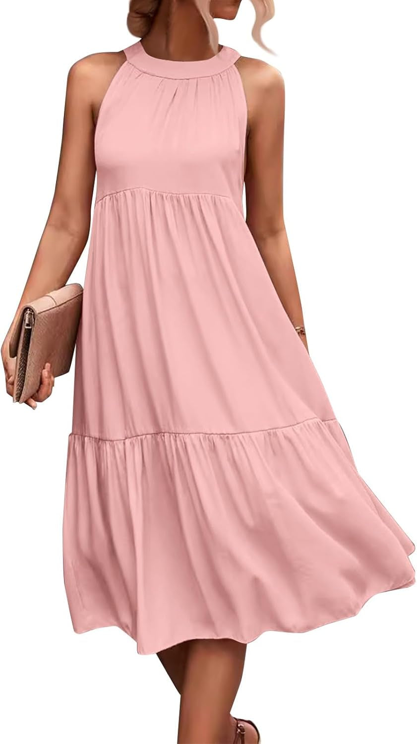 Beach Color Block Summer Dress for Women - Plus Size Halter Neck, Sleeveless, S-5XL - Image 26